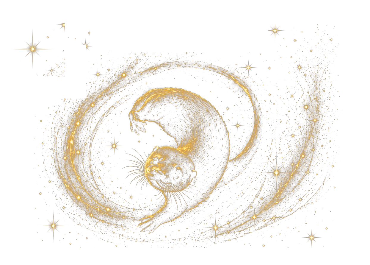 Goldene Illustration eines Otters, umgeben von Sternen und leuchtenden Lichtwirbeln